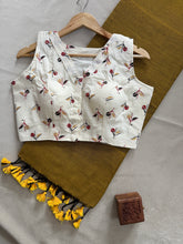 Golden Handloom Cotton Saree With Printed Redy Made Blouse